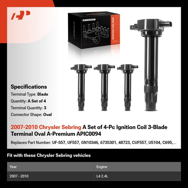 2007-2010 Chrysler Sebring A Set of 4-Pc Ignition Coil 3-Blade Terminal Oval A-Premium APIC0094