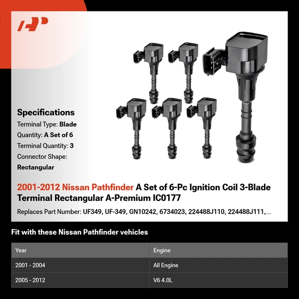 2001-2012 Nissan Pathfinder A Set of 6-Pc Ignition Coil 3-Blade Terminal Rectangular A-Premium IC0177