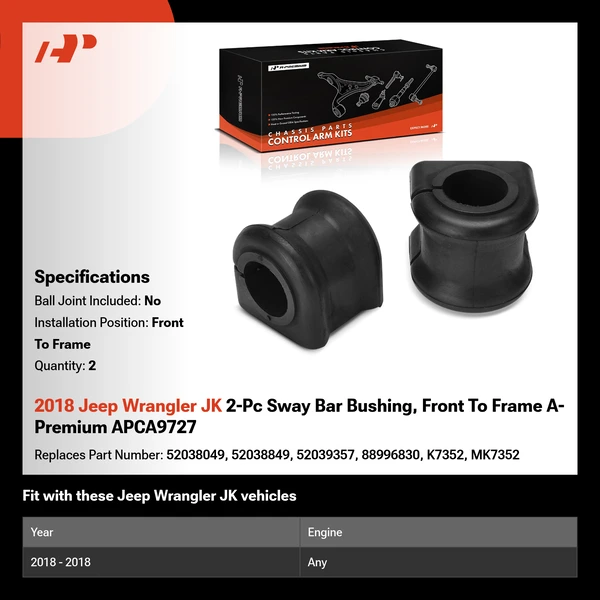 2018 Jeep Wrangler JK 2-Pc Sway Bar Bushing, Front To Frame A-Premium APCA9727