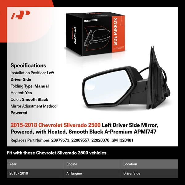 2015-2018 Chevrolet Silverado 2500 Left Driver Side Mirror, Powered, with Heated, Smooth Black A-Premium APMI747