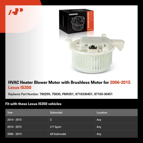 HVAC Heater Blower Motor with Brushless Motor for 2006-2015 Lexus IS350