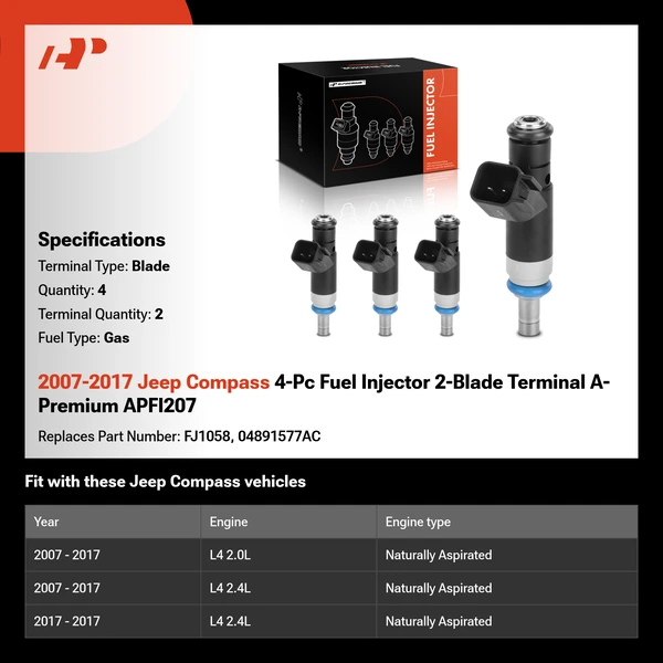 2007-2017 Jeep Compass 4-Pc Fuel Injector 2-Blade Terminal A-Premium APFI207
