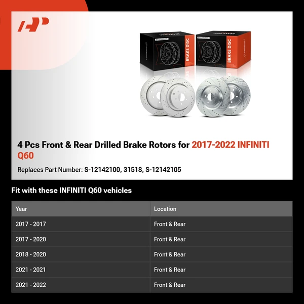 4 Pcs Front & Rear Drilled Brake Rotors for 2017-2022 INFINITI Q60
