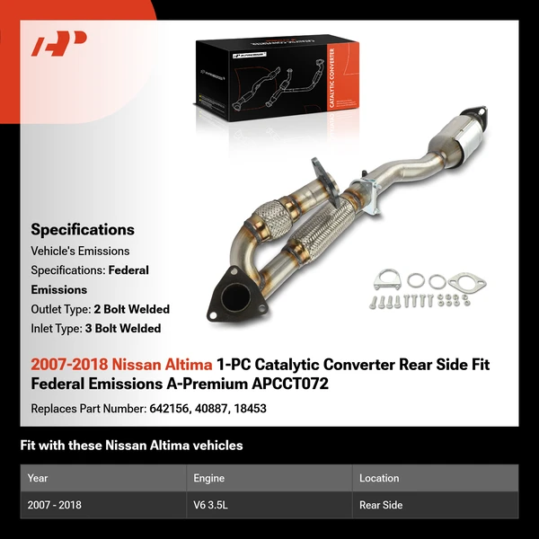 2007-2018 Nissan Altima 1-PC Catalytic Converter Rear Side Fit Federal Emissions A-Premium APCCT072