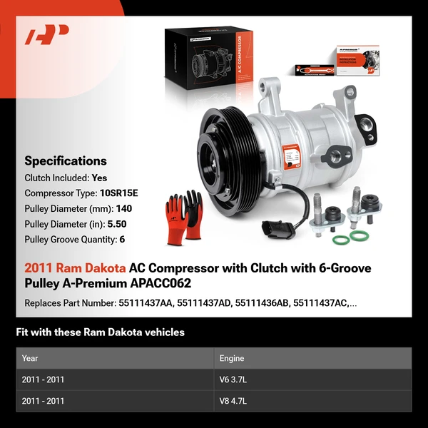2011 Ram Dakota AC Compressor with Clutch with 6-Groove Pulley A-Premium APACC062
