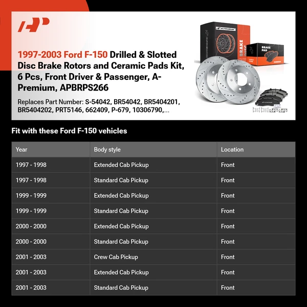 1997-2003 Ford F-150 Drilled & Slotted Disc Brake Rotors and Ceramic Pads Kit, 6 Pcs, Front Driver & Passenger, A-Premium, APBRPS266
