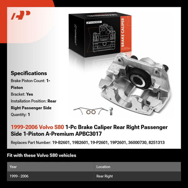 1999-2006 Volvo S80 1-Pc Brake Caliper Rear Right Passenger Side 1-Piston A-Premium APBC3017