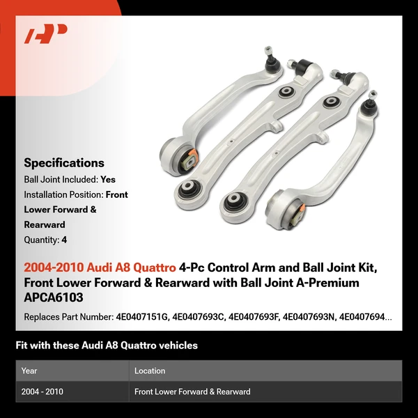 2004-2010 Audi A8 Quattro 4-Pc Control Arm and Ball Joint Kit, Front Lower Forward & Rearward with Ball Joint A-Premium APCA6103