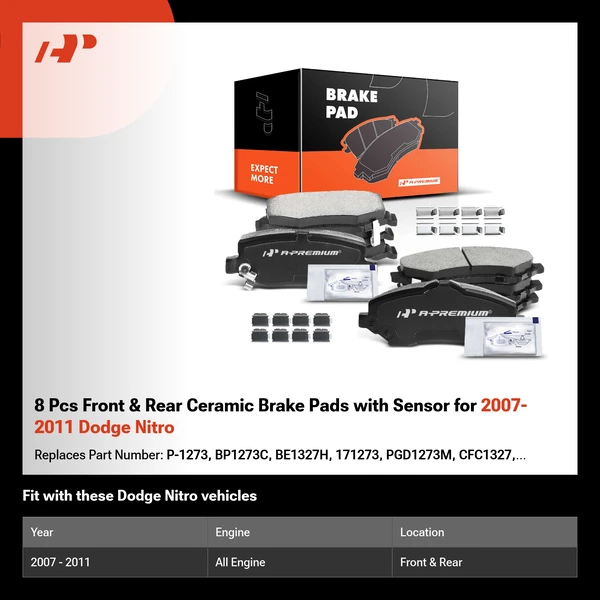 8 Pcs Front & Rear Ceramic Brake Pads with Sensor for 2007-2011 Dodge Nitro