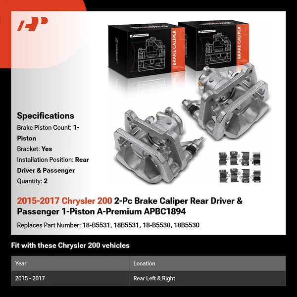 2015-2017 Chrysler 200 2-Pc Brake Caliper Rear Driver & Passenger 1-Piston A-Premium APBC1894
