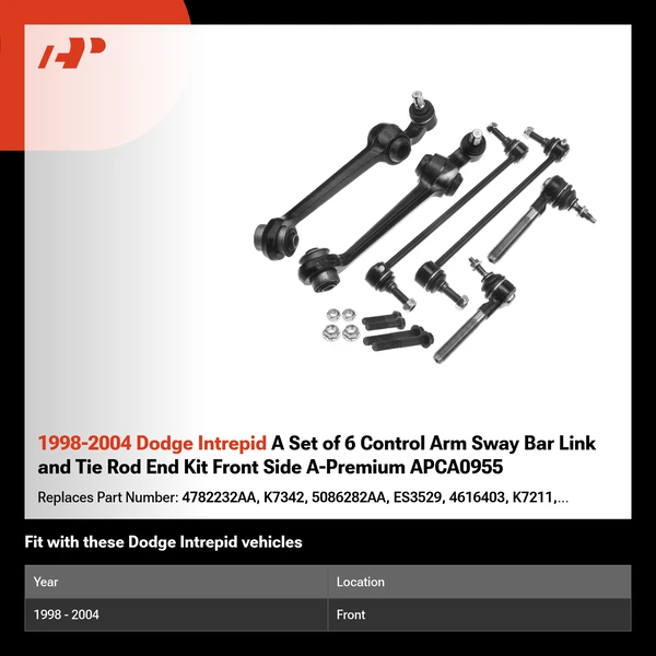 1998-2004 Dodge Intrepid A Set of 6 Control Arm Sway Bar Link and Tie Rod End Kit Front Side A-Premium APCA0955
