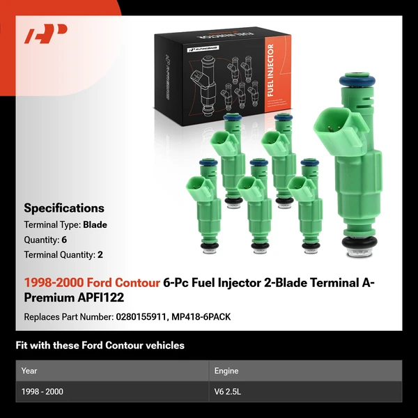 1998-2000 Ford Contour 6-Pc Fuel Injector 2-Blade Terminal A-Premium APFI122
