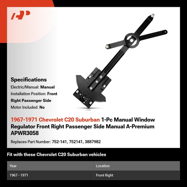 1967-1971 Chevrolet C20 Suburban 1-Pc Manual Window Regulator Front Right Passenger Side Manual A-Premium APWR3058
