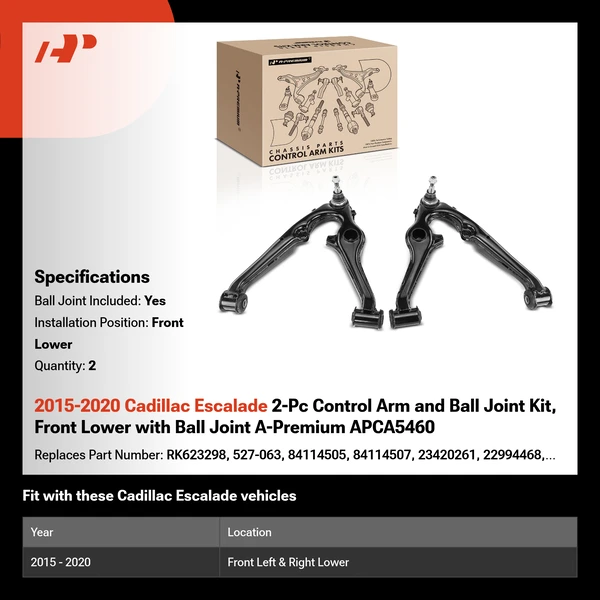 2015-2020 Cadillac Escalade 2-Pc Control Arm and Ball Joint Kit, Front Lower with Ball Joint A-Premium APCA5460