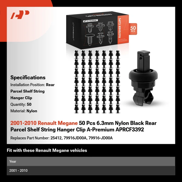 2001-2010 Renault Megane 50 Pcs 6.3mm Nylon Black Rear Parcel Shelf String Hanger Clip A-Premium APRCF3392