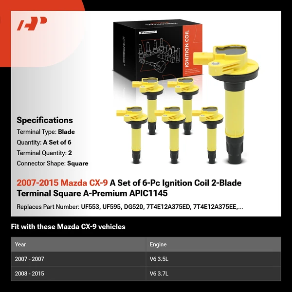 2007-2015 Mazda CX-9 A Set of 6-Pc Ignition Coil 2-Blade Terminal Square A-Premium APIC1145