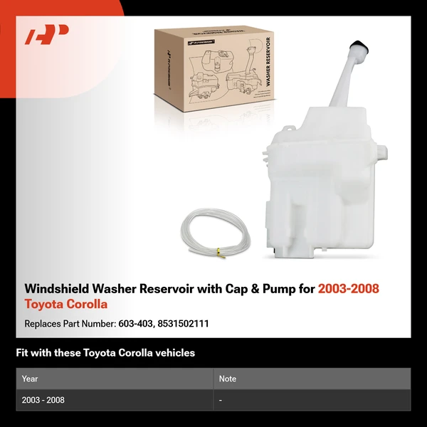 Windshield Washer Reservoir with Cap & Pump for 2003-2008 Toyota Corolla