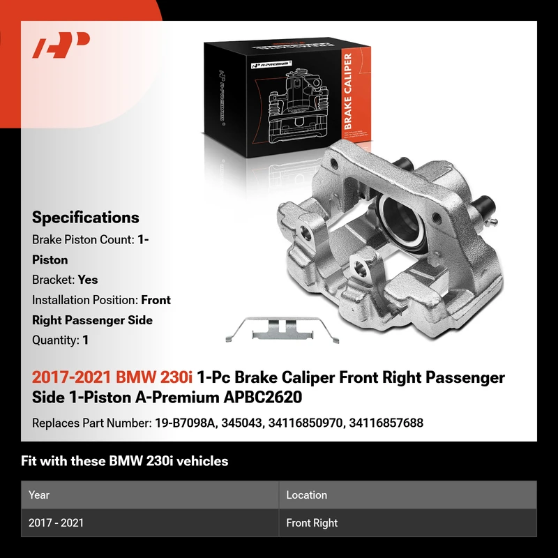 2017-2021 BMW 230i 1-Pc Brake Caliper Front Right Passenger Side 1-Piston A-Premium APBC2620