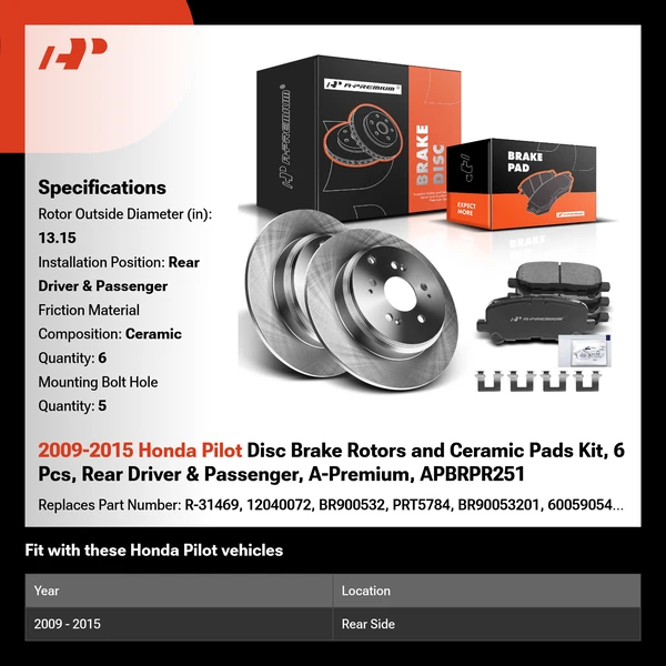 2009-2015 Honda Pilot Disc Brake Rotors and Ceramic Pads Kit, 6 Pcs, Rear Driver & Passenger, A-Premium, APBRPR251