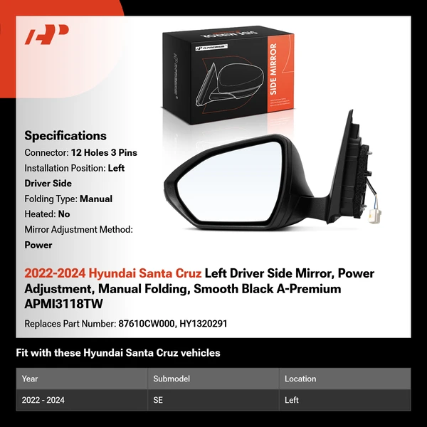 2022-2024 Hyundai Santa Cruz Left Driver Side Mirror, Power Adjustment, Manual Folding, Smooth Black A-Premium APMI3118TW