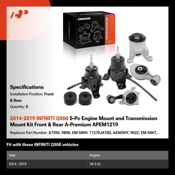 2014-2019 INFINITI QX60 5-Pc Engine Mount and Transmission Mount Kit Front & Rear A-Premium APEM1219