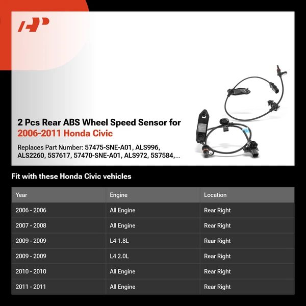2 Pcs Rear ABS Wheel Speed Sensor for 2006-2011 Honda Civic