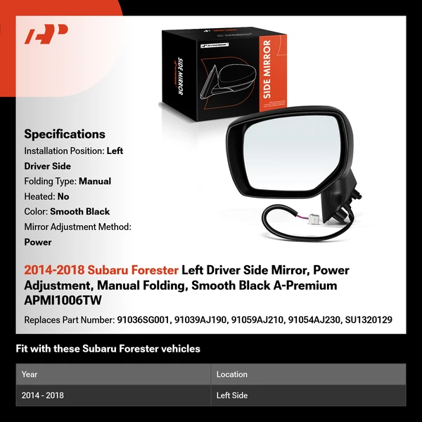 2014-2018 Subaru Forester Left Driver Side Mirror, Power Adjustment, Manual Folding, Smooth Black A-Premium APMI1006TW