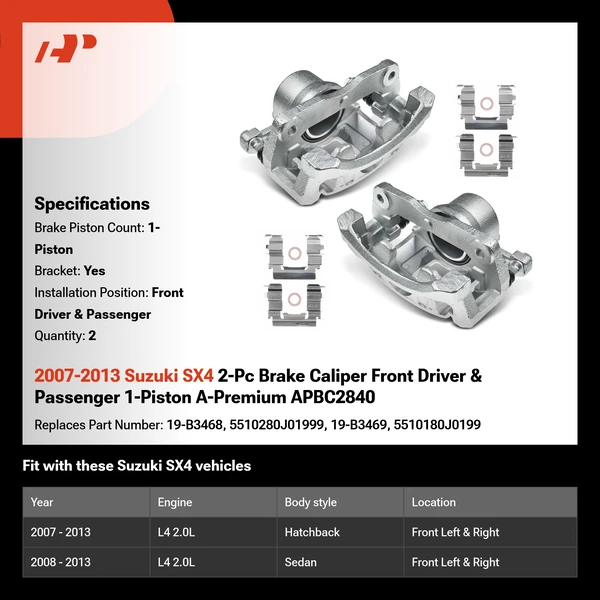 2007-2013 Suzuki SX4 2-Pc Brake Caliper Front Driver & Passenger 1-Piston A-Premium APBC2840