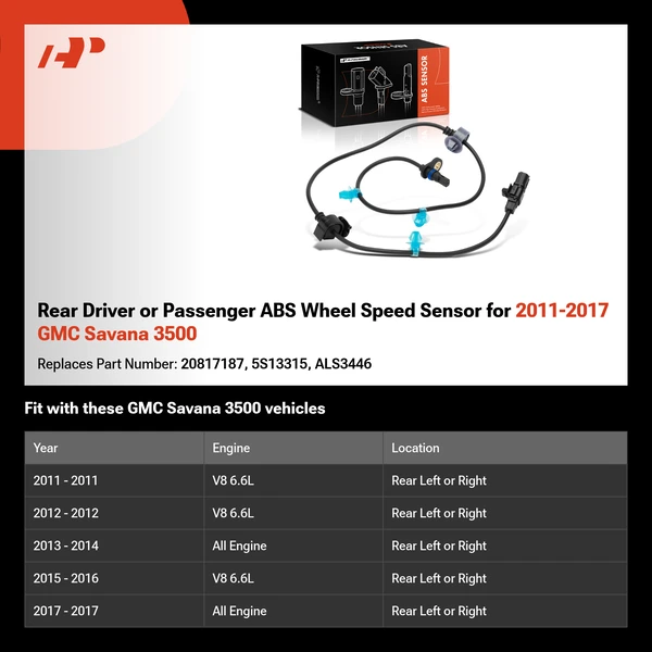 Rear Driver or Passenger ABS Wheel Speed Sensor for 2011-2017 GMC Savana 3500