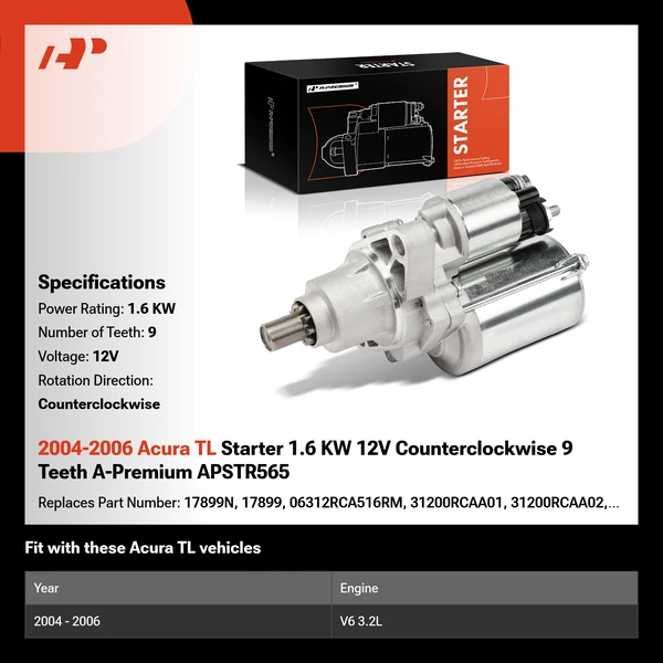 2004-2006 Acura TL Starter 1.6 KW 12V Counterclockwise 9 Teeth A-Premium APSTR565