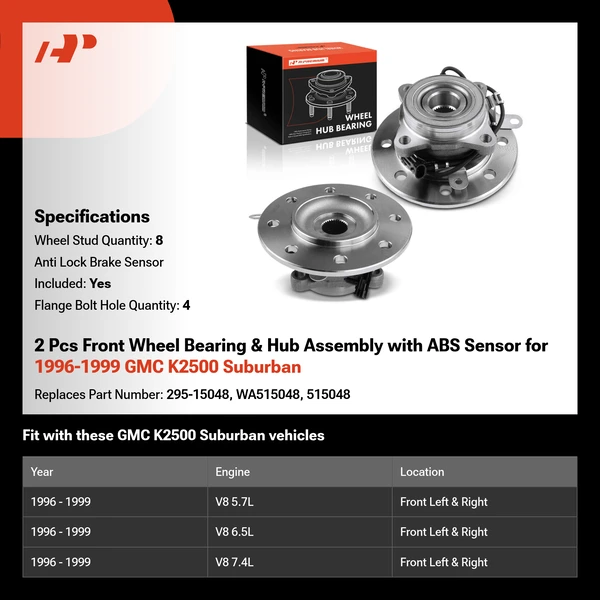 2 Pcs Front Wheel Bearing & Hub Assembly with ABS Sensor for 1996-1999 GMC K2500 Suburban