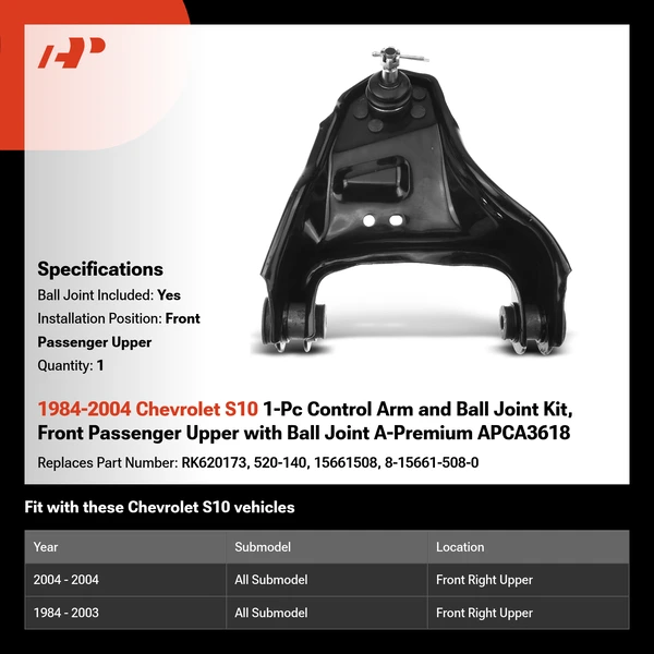 1984-2004 Chevrolet S10 1-Pc Control Arm and Ball Joint Kit, Front Passenger Upper with Ball Joint A-Premium APCA3618