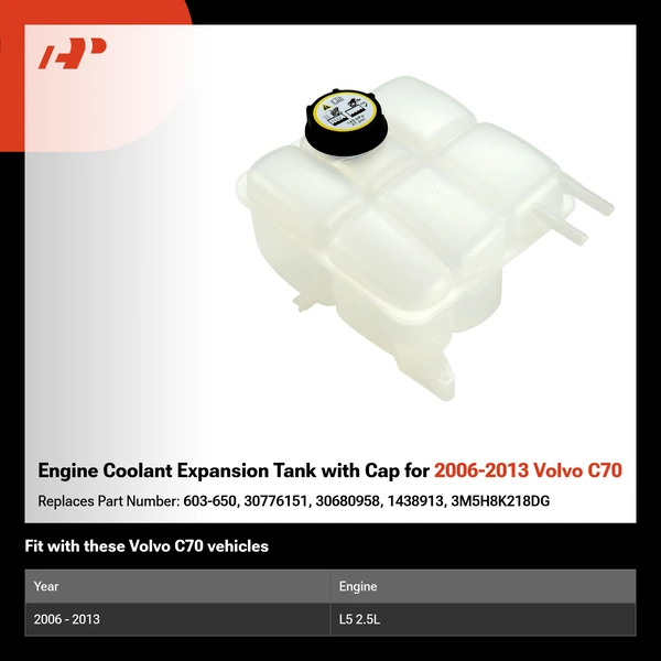 Engine Coolant Expansion Tank with Cap for 2006-2013 Volvo C70