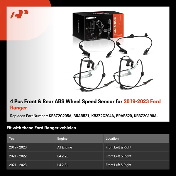 4 Pcs Front & Rear ABS Wheel Speed Sensor for 2019-2023 Ford Ranger