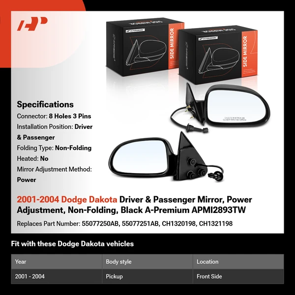 2001-2004 Dodge Dakota Driver & Passenger Mirror, Power Adjustment, Non-Folding, Black A-Premium APMI2893TW