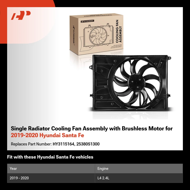 Single Radiator Cooling Fan Assembly with Brushless Motor for 2019-2020 Hyundai Santa Fe