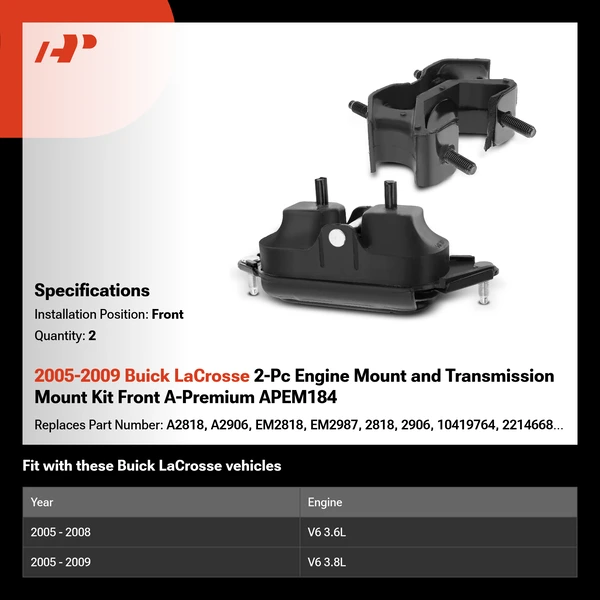 2005-2009 Buick LaCrosse 2-Pc Engine Mount and Transmission Mount Kit Front A-Premium APEM184