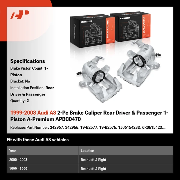 1999-2003 Audi A3 2-Pc Brake Caliper Rear Driver & Passenger 1-Piston A-Premium APBC0470