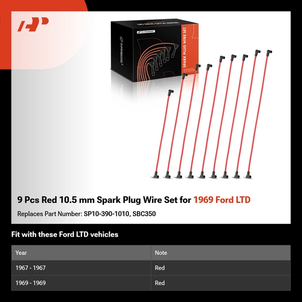 9 Pcs Red 10.5 mm Spark Plug Wire Set for 1969 Ford LTD