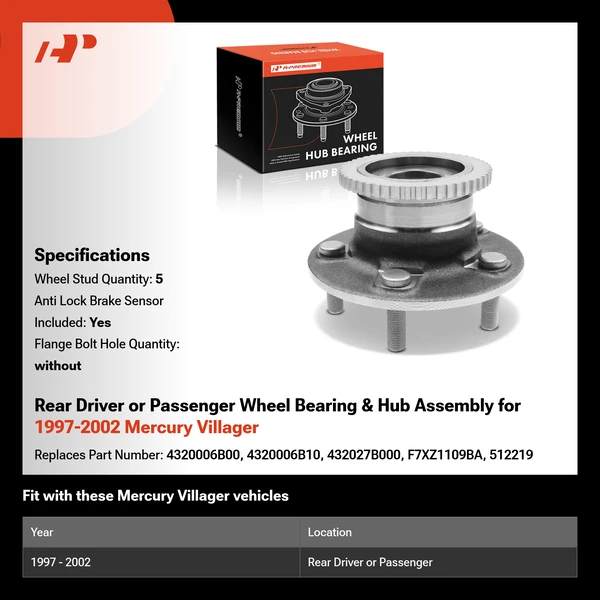 Rear Driver or Passenger Wheel Bearing & Hub Assembly for 1997-2002 Mercury Villager