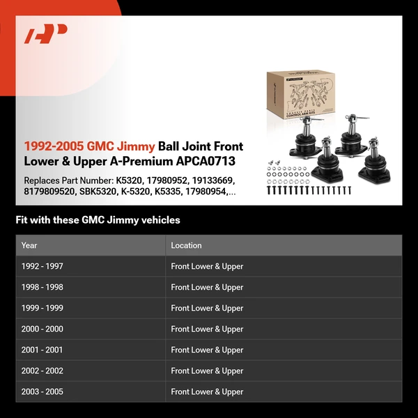 1992-2005 GMC Jimmy Ball Joint Front Lower & Upper A-Premium APCA0713