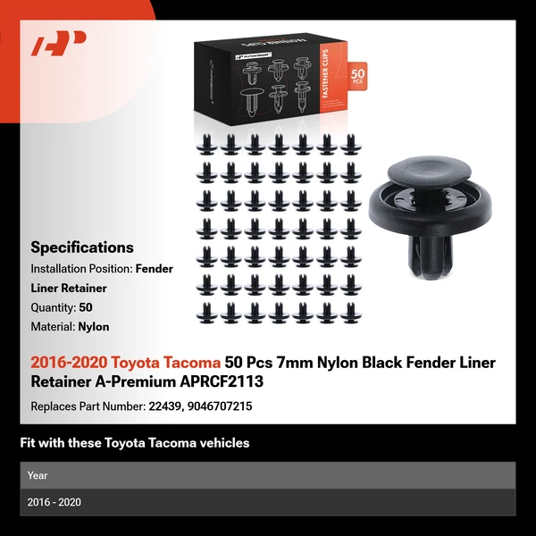 2016-2020 Toyota Tacoma 50 Pcs 7mm Nylon Black Fender Liner Retainer A-Premium APRCF2113
