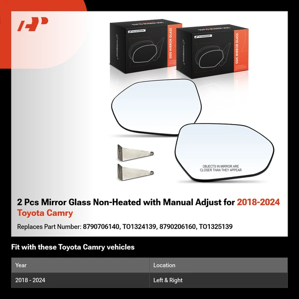 2 Pcs Mirror Glass Non-Heated with Manual Adjust for 2018-2024 Toyota Camry