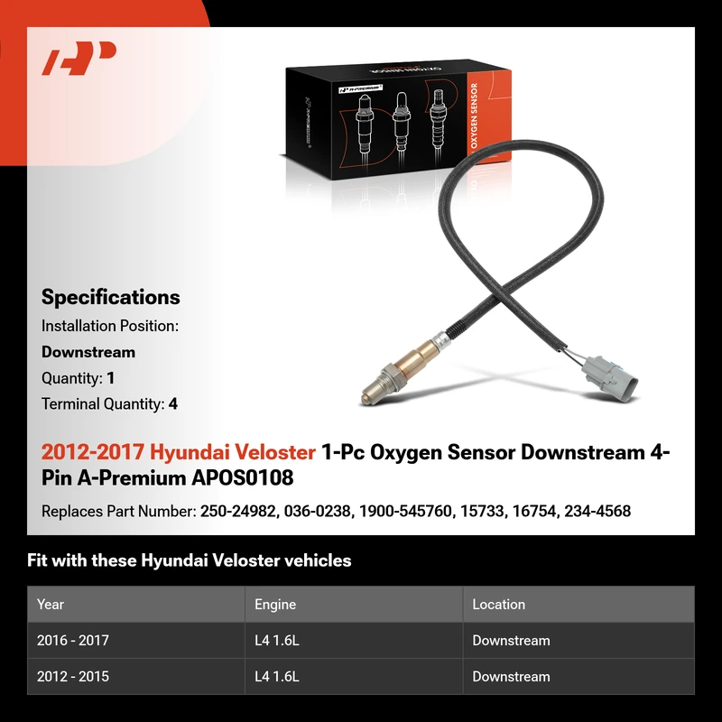 2012-2017 Hyundai Veloster 1-Pc Oxygen Sensor Downstream 4-Pin A-Premium APOS0108