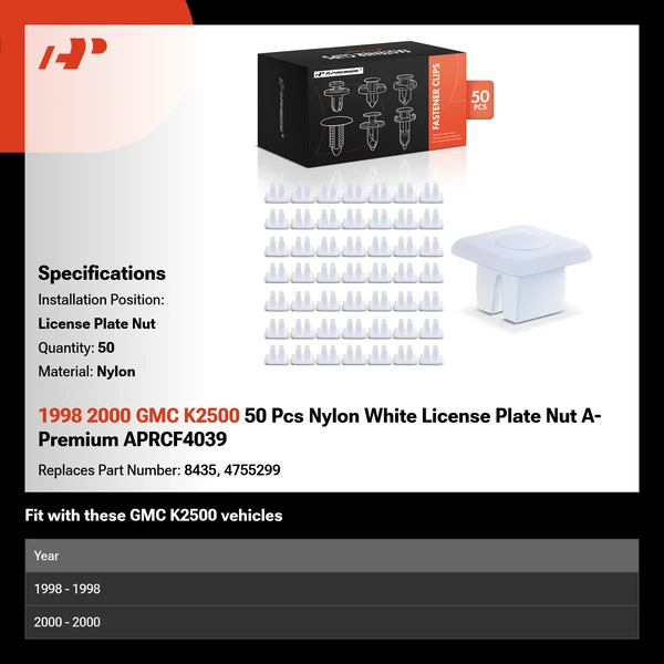 1998 2000 GMC K2500 50 Pcs Nylon White License Plate Nut A-Premium APRCF4039