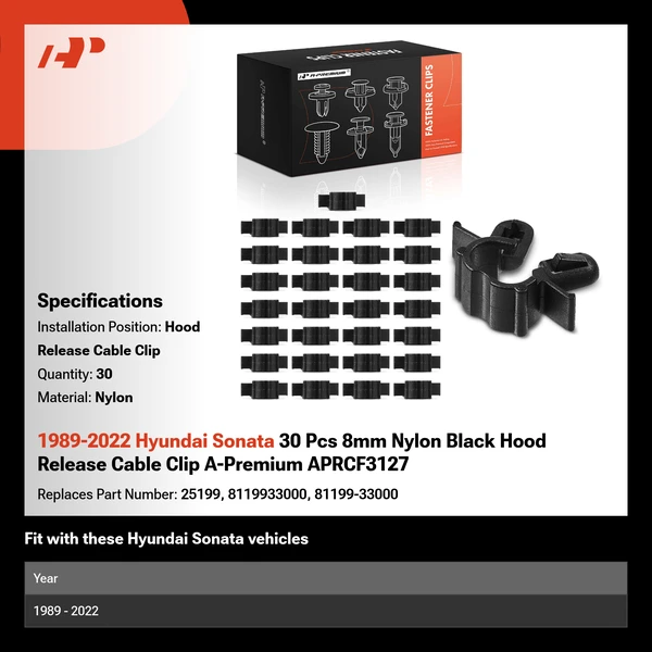 1989-2022 Hyundai Sonata 30 Pcs 8mm Nylon Black Hood Release Cable Clip A-Premium APRCF3127