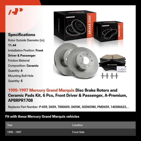 1995-1997 Mercury Grand Marquis Disc Brake Rotors and Ceramic Pads Kit, 6 Pcs, Front Driver & Passenger, A-Premium, APBRPR1708