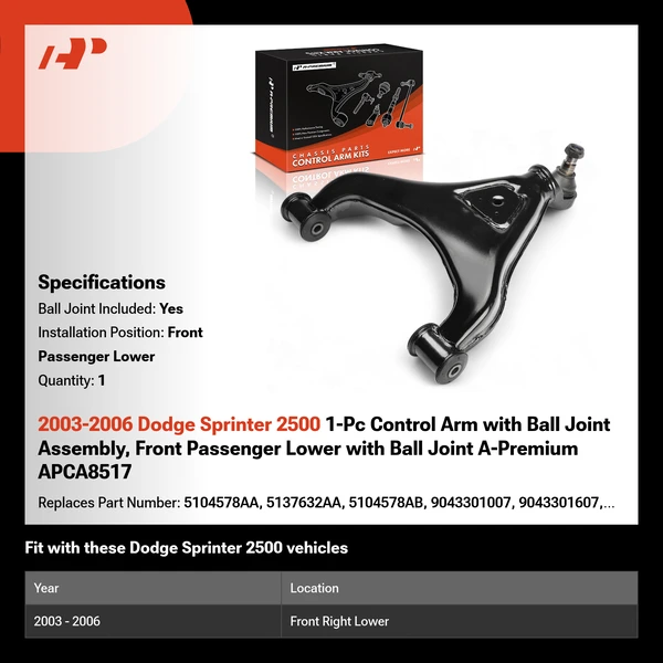 2003-2006 Dodge Sprinter 2500 1-Pc Control Arm with Ball Joint Assembly, Front Passenger Lower with Ball Joint A-Premium APCA8517