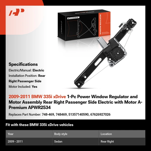 2009-2011 BMW 335i xDrive 1-Pc Power Window Regulator and Motor Assembly Rear Right Passenger Side Electric with Motor A-Premium APWR2534