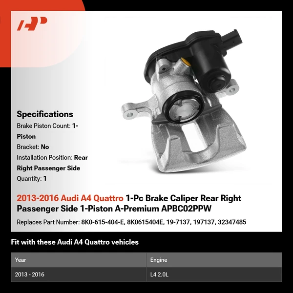 2013-2016 Audi A4 Quattro 1-Pc Brake Caliper Rear Right Passenger Side 1-Piston A-Premium APBC02PPW